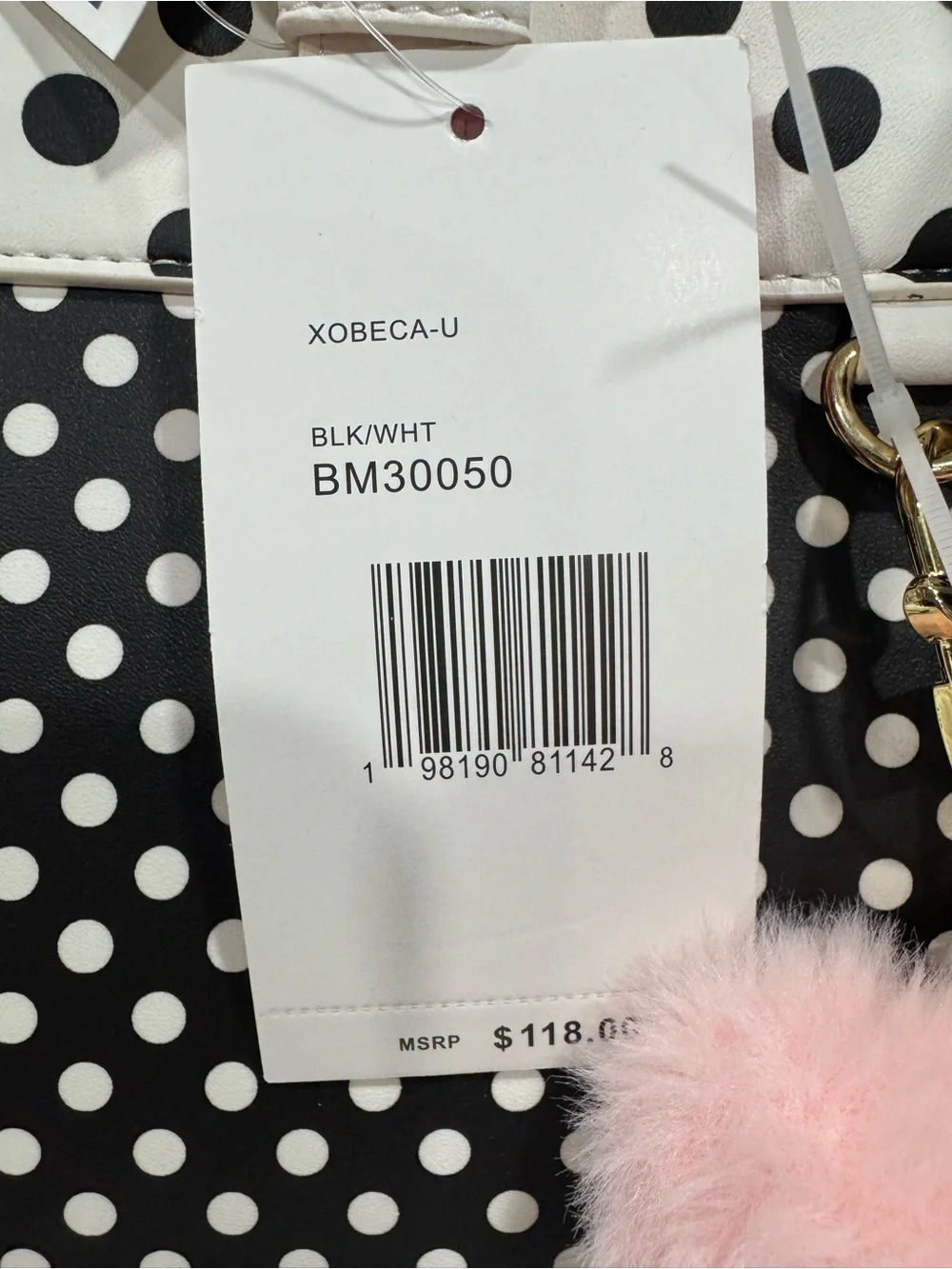 Betsey Johnson Black & White Polka Dot Satchel with Pink Heart Charm